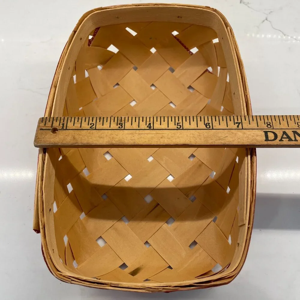 Vtg Farmhouse Split Slat Wood Woven Red Ribbon Basket w 20 oz Atlas Mason Jars